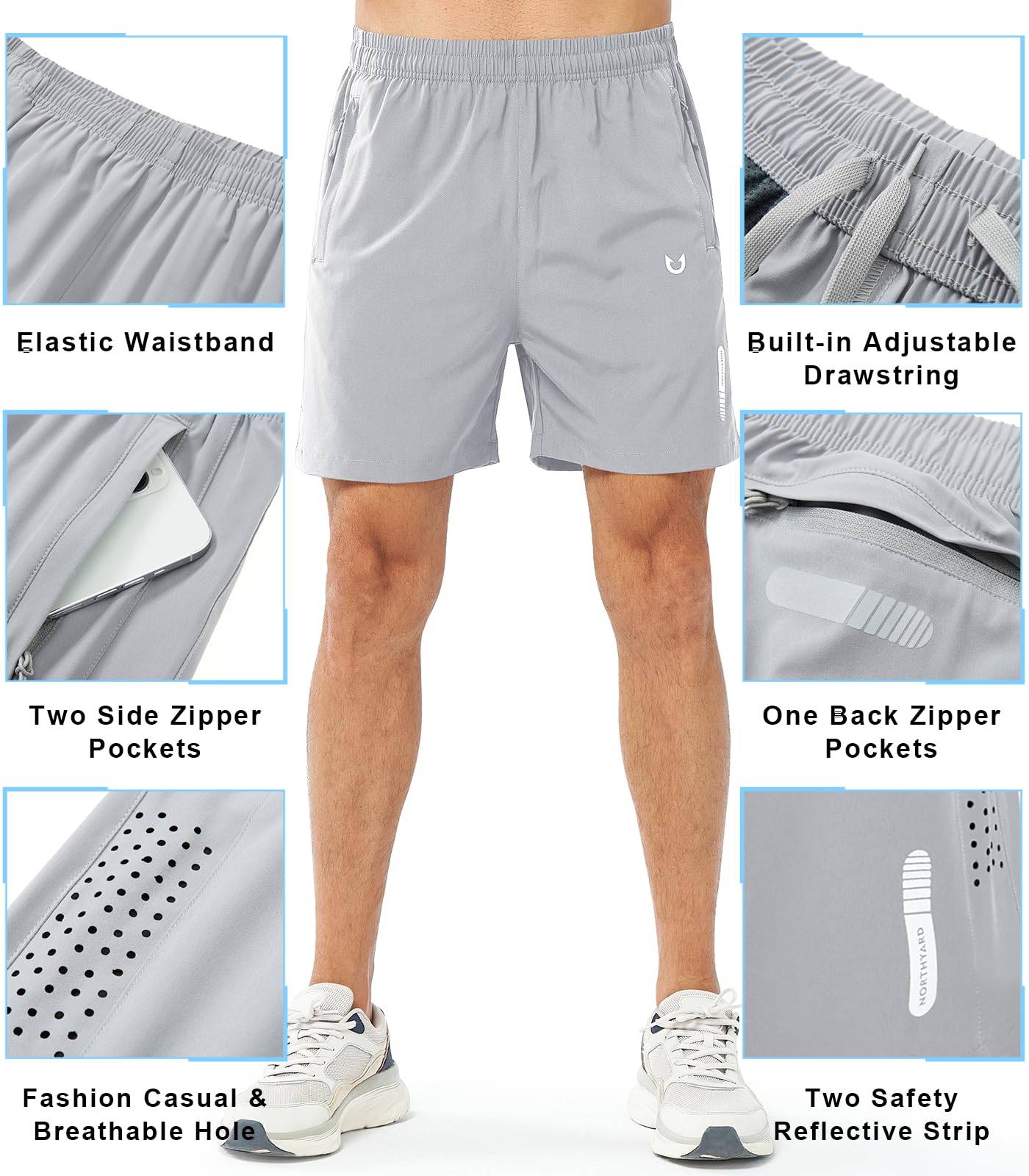 NORTHYARD Men's Athletic Running Shorts Gym Workout 7"/9"/5" Quick Dry Lightweight Sports Basketball Tennis 3 Zipper Pockets GREY-5inch L