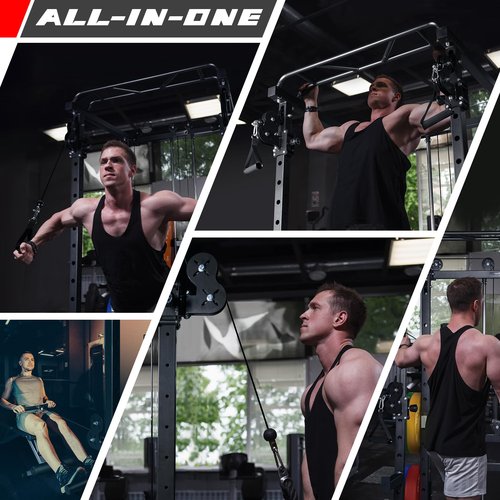 RitFit Squat Rack Power Cage Home Gym Package, Includes 1000LBS Power Rack with Cable Crossover System, Weight Bench, Weight Plate Set with Olympic Barbell (Package 1.6K (Bumper Plate 230LBS))-Black