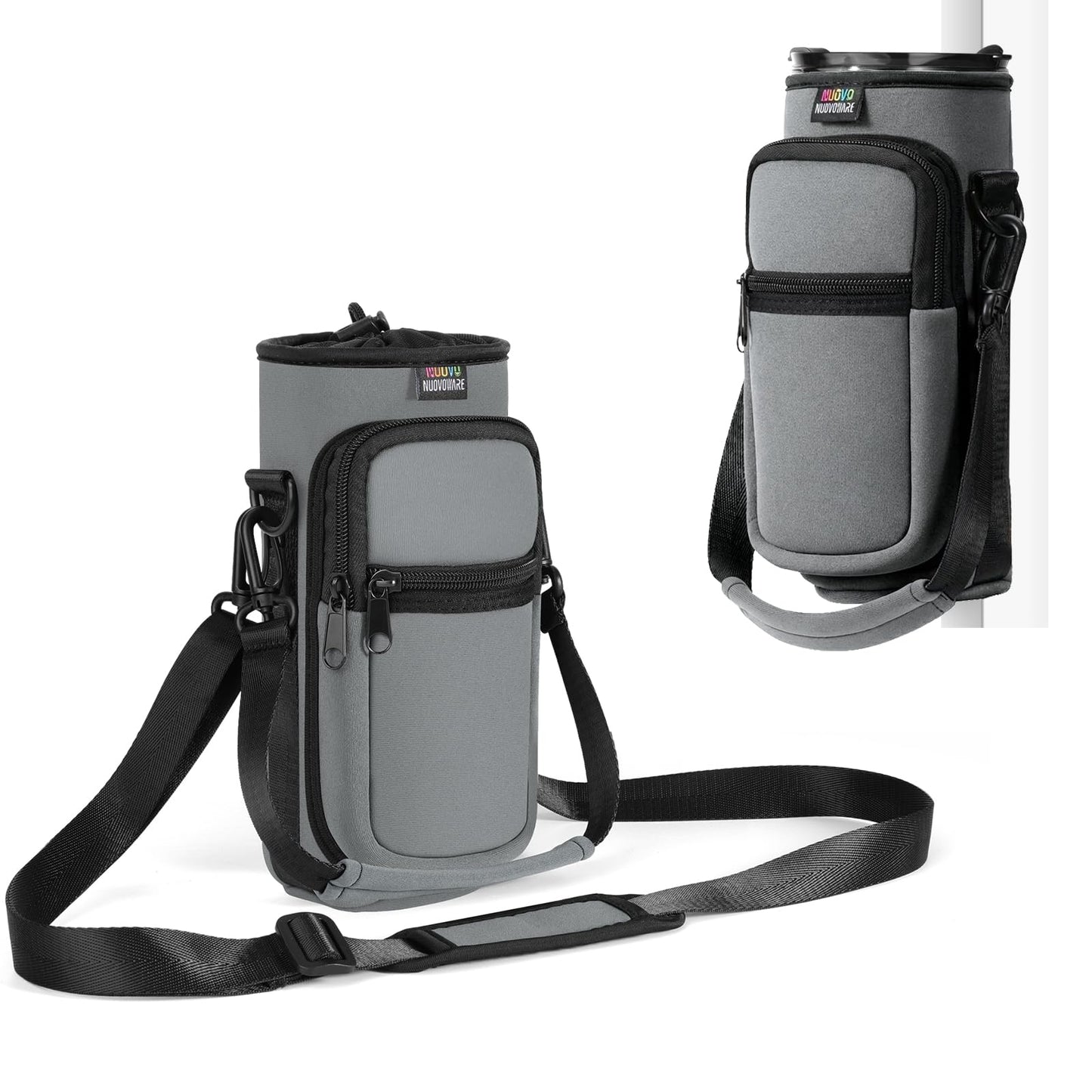 Nuovoware Magnetic Gym Bag, 25oz/32oz Water Bottle Carrier Holder, Adjustable Shoulder Strap 2 Pocket Sports Sling Neoprene Sleeve for Hiking Travelling Camping, Grey