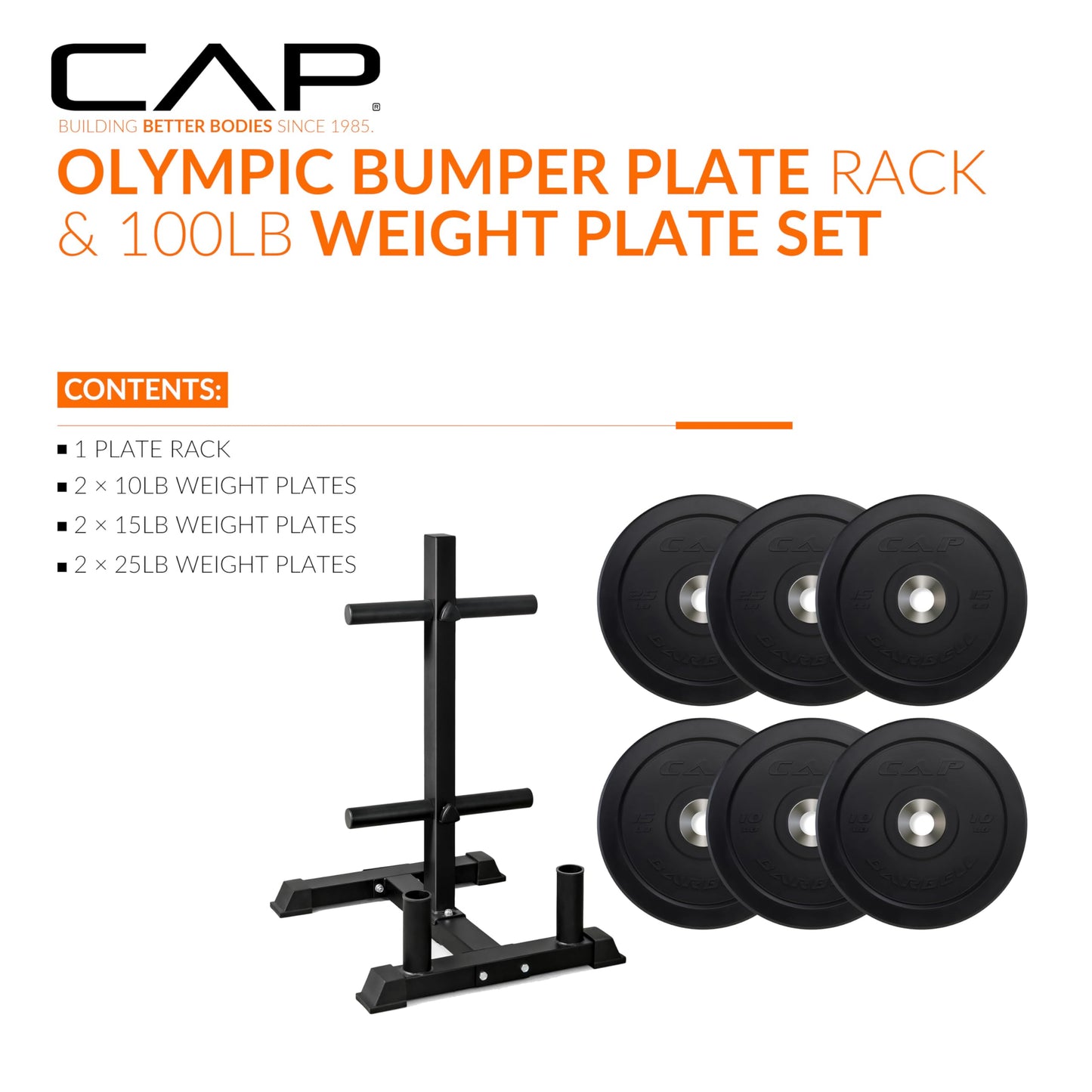 CAP 100 lb Pro Olympic Bumper Plate Set with Storage Rack, 2-Inch Olympic Plates, Low Bounce Virgin Rubber Weight Plates with Chromed Steel Hub, 6 Weight Posts & 4 Barbell Holders for Weightlifting, Strength Training & Home Gym Workouts