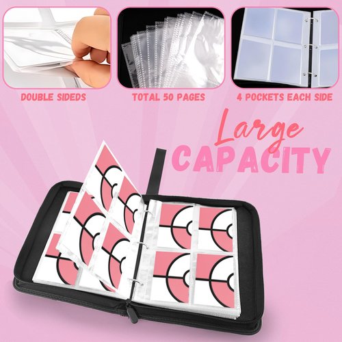Card Binder 4 Pocket, Trading Card Holder Fits 400 Cards with 50 Removable Sleeves, Large Capacity & Waterproof Zipper Album Holder for Trading Card Collector, Portable Collection Card Album for Cards