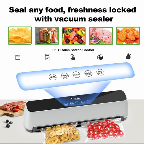 Vacuum Sealer Machine, 5-IN-1 Vacuum Sealer for Food, Powerful Fully Automatic Food Saver with Dry/Moist Mode & LED Smart Touch, Updated Vac & Seal System with 15 Vacuum Seal Bags, 1 Hose