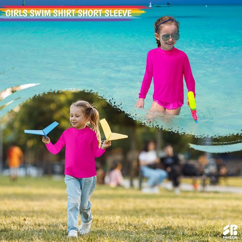 Girls Rash Guard Swim Shirt Long Sleeve for Toddler Kids Rashguard Water Shirt UPF50+ Neon Pink 4T