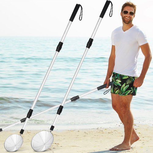Relaxgiant 2 Pcs Full Size Beach Scoop Shovel Adjustable from 35" to 64" Sand Sifter for The Beach Sand Shovel Include 4. 5" and 6. 1" Basket Reliable Sifter Tool for Beachcombing Walking Hiking