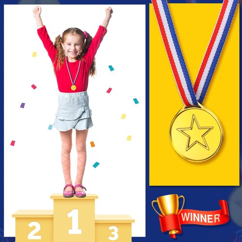 Sotiff 100 Pcs Kids Plastic Winner Award Medals Gold Winner Medals for Parties, Games, Sports, Dress up and More, 1.4 x 1.7 Inches