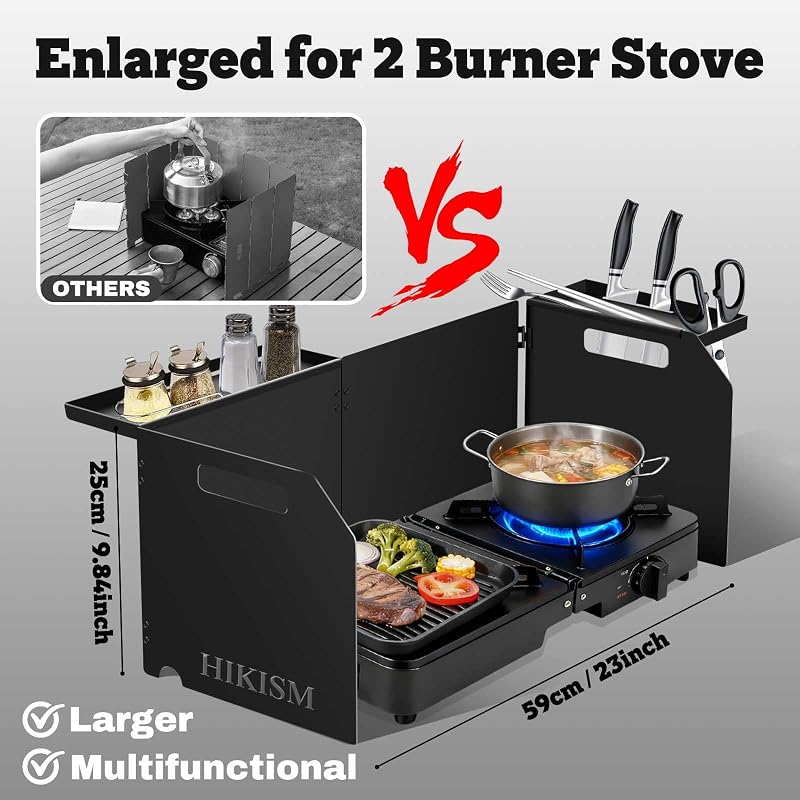 Wind Screen for 2-Burner Camp Stove - 59cm/23in, Black, Folding Steel Windscreen