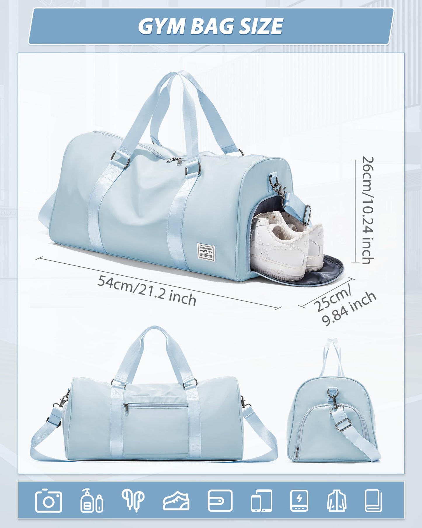 Gym Bag for Women Men with Shoe Compartment,Small Travel Duffle Bags for Traveling Overnight Weekender Bag Personal Item Travel Bag Large Sport Gym Bag Workout Bag Hospital Holdalls Sky Blue