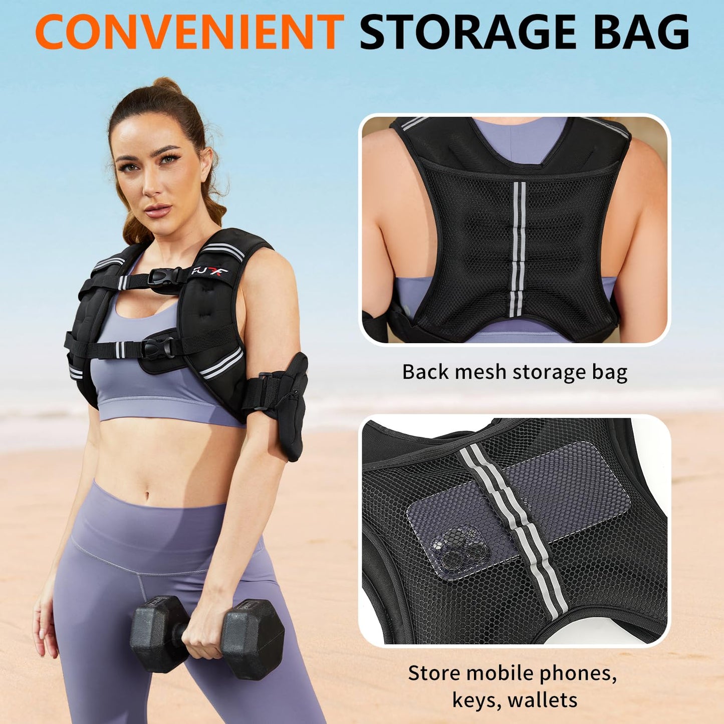 FUFF Weighted Vest Woman, 10 LB Womens Weight Vest for Walking, Strength Training Weight Vests for Female Men, Reflective Stripe Fitness Body Vest for Workout Running Jogging (Black)