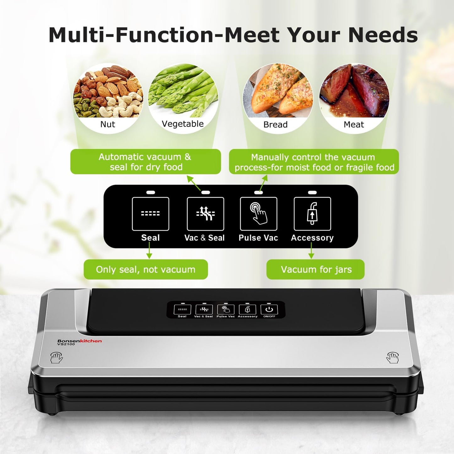 Bonsenkitchen Vacuum Sealer Machine, Fast-Compact Food Sealer, Multi-Functional Food Vacuum Sealer with 5 Vacuum Bags & Accessory Hose, Technology for High-Speed Continuous Working, Silver