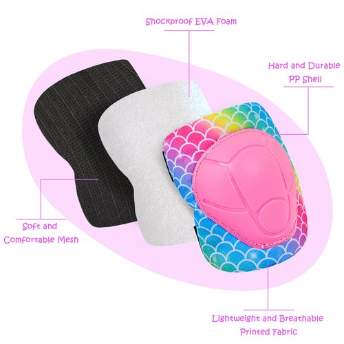 PAMAID Knee Pads for Kids Adjustable Protective Gear Set with Mesh Bag Knee Pads and Elbow Pads Wrist Guard for Girls Kids Roller Skates Cycling Skateboard Scooter, 3-8 Years (Pink Mermaid)