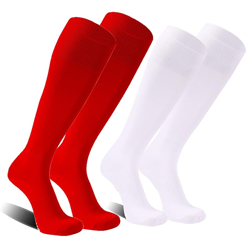 FOOTPLUS Knee High Soccer Football Socks - White & Red, Medium, Unisex