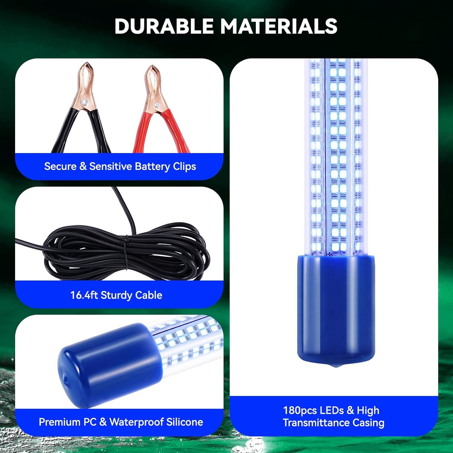 18W Underwater Fishing Light, IP68 Waterproof DC 12-24V LED Fish Bait Light Submersible Finder Attractants Lamp for Crappie Shrimp Squid Catfish + Battery Clamps, 16.4ft Cable Green/Blue/White Light