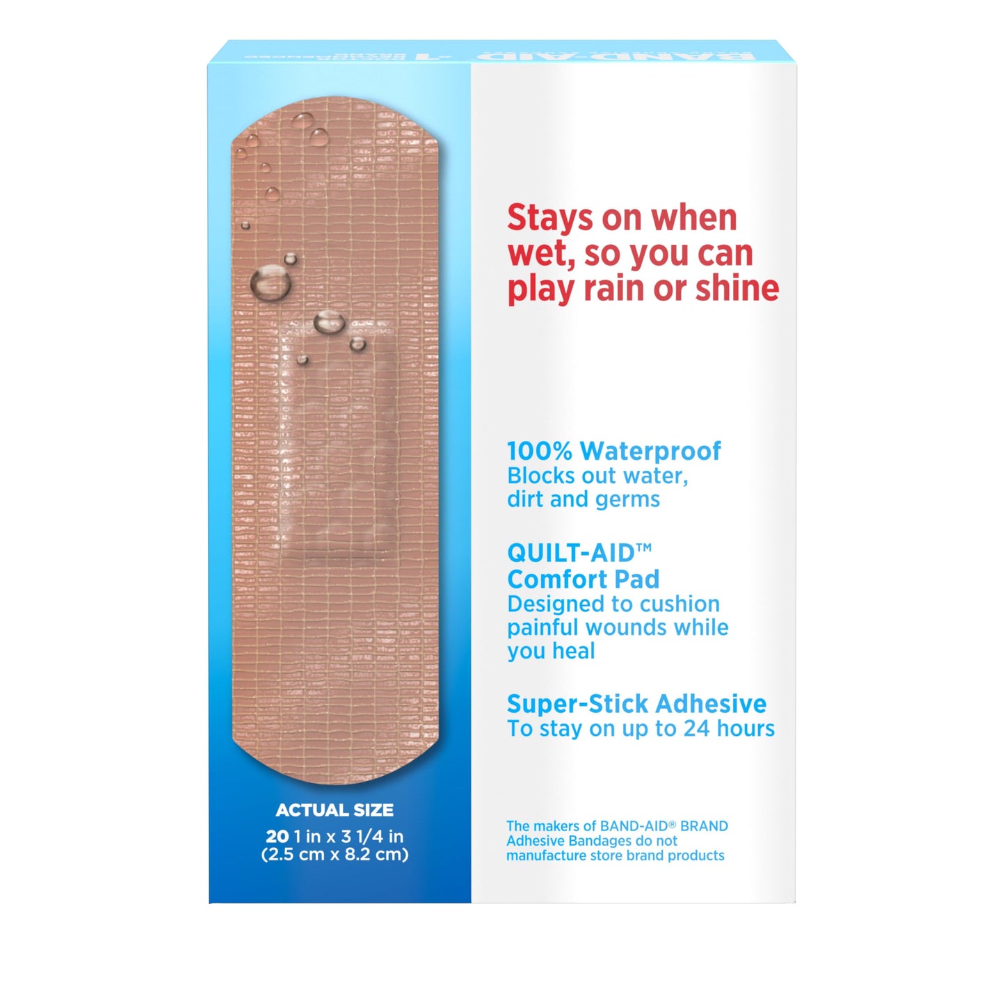 Band-Aid Brand Water Block Waterproof Tough Adhesive Bandages for First Aid Wound Care, Durable Waterproof Bandages to Protect Minor Cuts, Burns & Scrapes, Quilt-Aid Pad, One Size, 20 ct