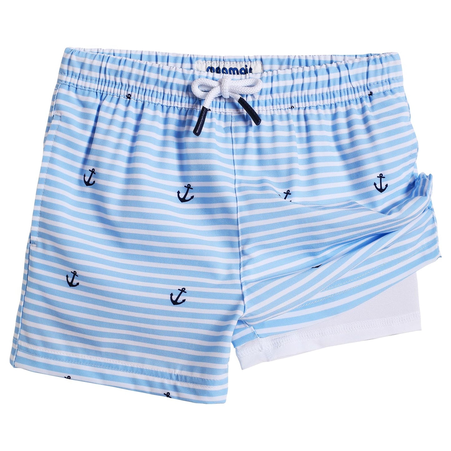 maamgic Boys Swim Trunks with Compression Liner Toddler Stretch Swim Shorts Quick Dry Swimming Trunks Boxer Brief 2 in 1 Beach Shorts White Blue Striped 4T