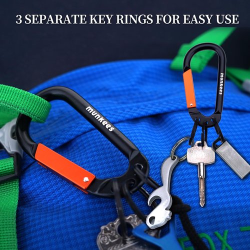 munkees Carabiner Keychain with 2-3 Rings, Backpack Buckle, Aluminum Alloy, Lightweight and Portable (Large,Red)