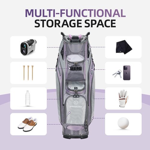 Max Lightweight Golf Cart Bag with Dual Handles and 14 Way Individual Full Length Dividers, Golf Club Bag with 11 Pockets, Large Putter Well, Double Strap Cooler for Men & Women (Mix/Grey/Purple)