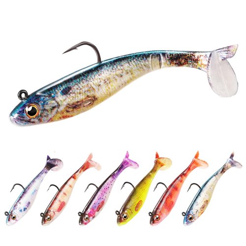 FONMANG 6-Piece Swim Baits for Bass Fishing, Pre-Rigged Jig Heads Soft Plastic Walleye Fishing Lures, Paddle Tail Swimbaits for Bass Fishing, Fishing Bait for Freshwater Saltwater Gifts