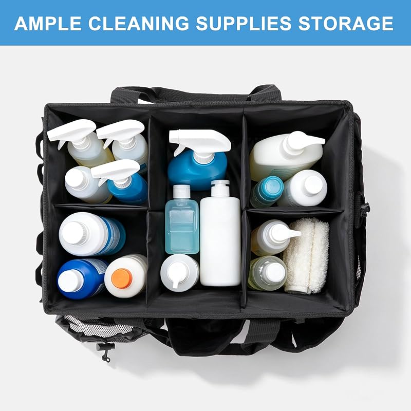 Large Cleaning Caddy Organizer with Adjustable Strap & 4 Dividers – Waterproof Nylon Tote