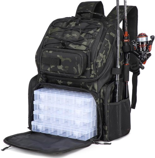 HAMBOLY Fishing Backpack with Tackle Boxes, 50L Fishing Tackle Bag with Cooler & Rod Holders, Waterproof Fishing Bag for Men