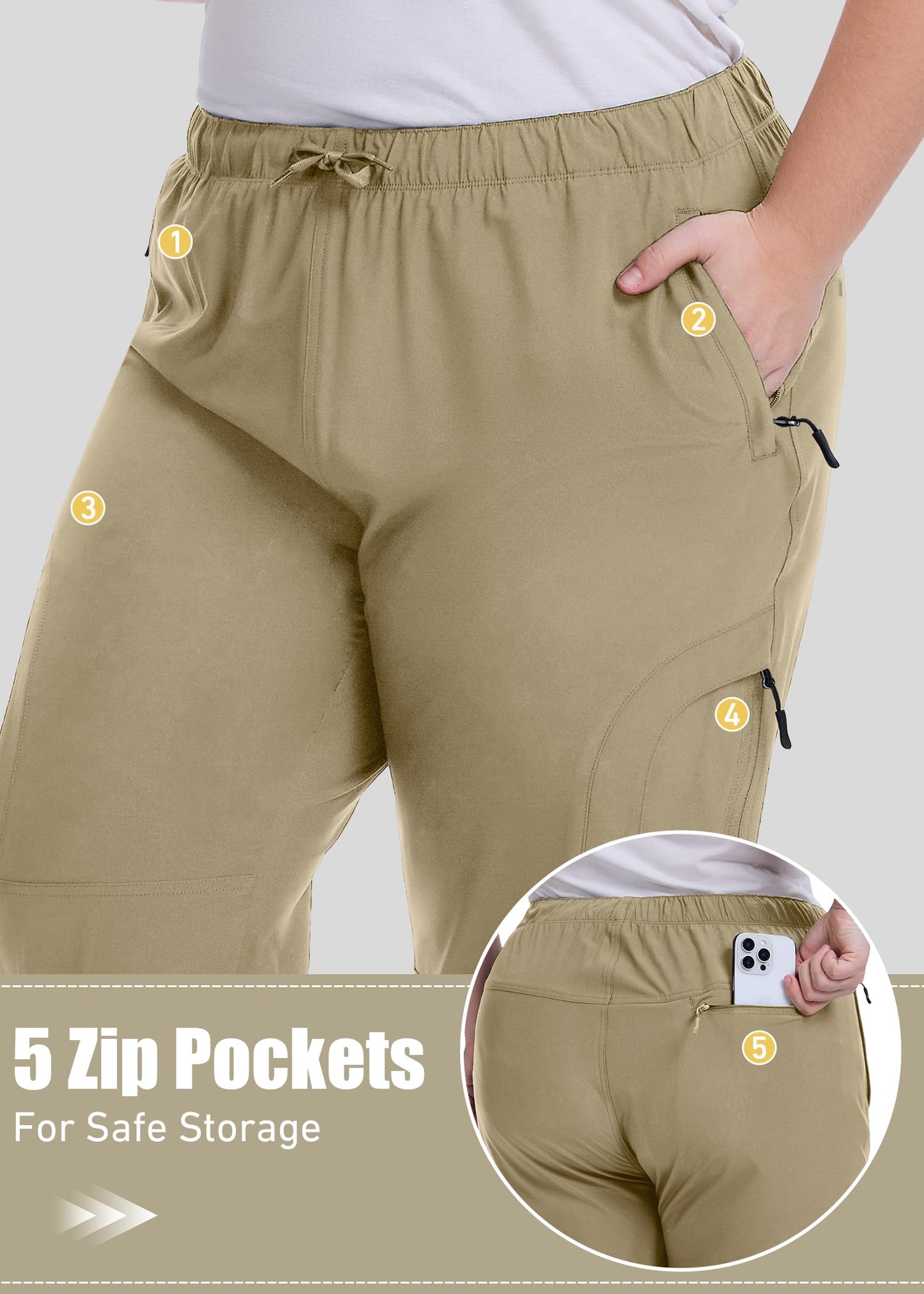 Women's Plus Size Hiking Pants with Pockets-Waterproof, Lightweight,UPF50 Sun Protection-Stretchy Cargo Joggers for Outdoor Activities,D6608,Khaki,4XL