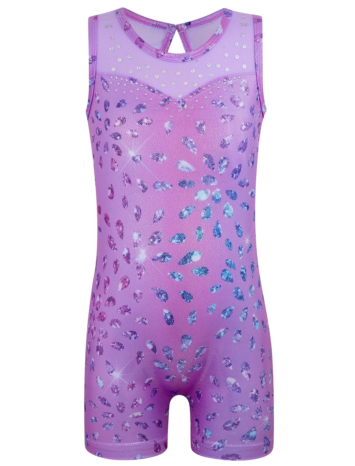 HOZIY Gymnastics Leotards for Girls Mesh Neckline with Iridescent Rhinestones Back Cut Out Sleeveless Size 5-6 Years Purple Diamonds Biketard Shorts Tumbling Outfits Toddler Kids Sparkly Shiny