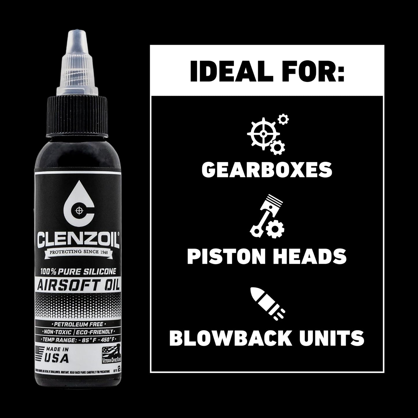 Clenzoil Airsoft & Air Gun Oil - 2 oz Combo Airsoft Oil - for Air Rifles & Airsoft Pistols - Pure Silicone Oil for Gun Lubrication - Made in The USA - 2 oz Bottle & 0.5 oz Needle Oiler Combo Pack