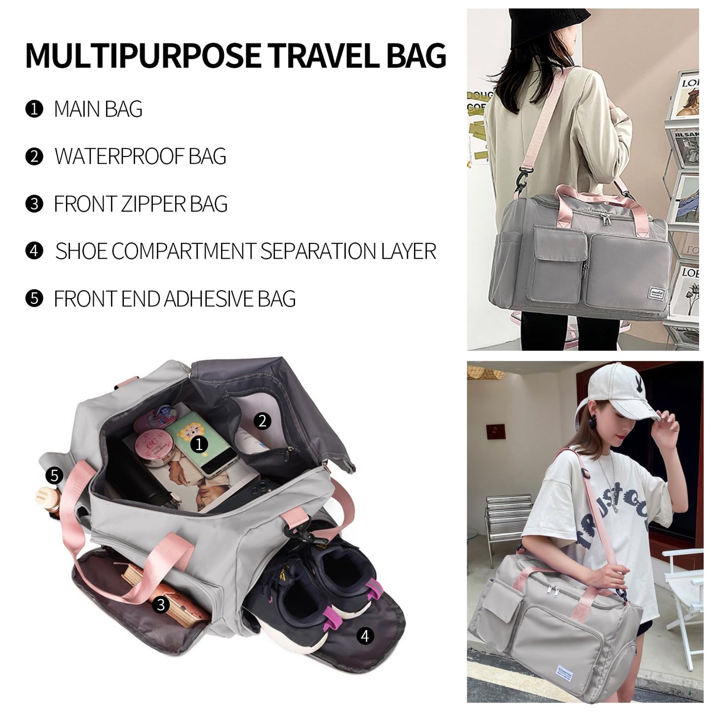 Travel Duffel Tote Bag with Dry Wet Separation Pocket, Weekender Bag for Women and Men，Waterproof Bag with Shoe Compartment Lightweight and Easy Carry on Grey