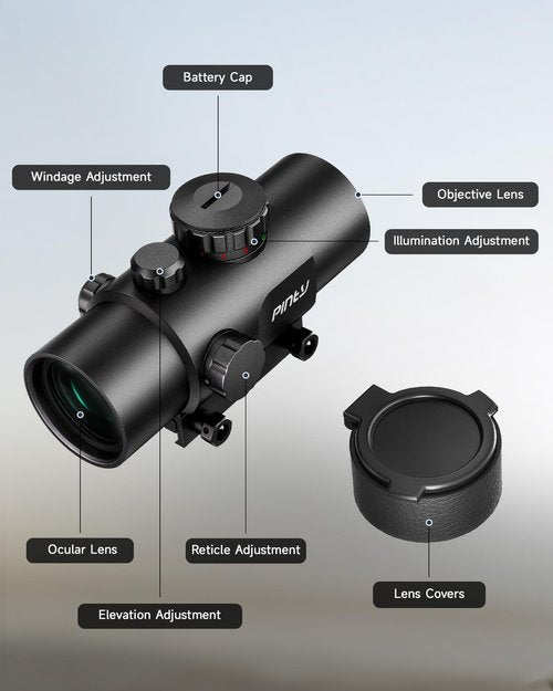 PINTY Red Green Dot Sight, 2 MOA Tactical Reflex Sight with 4 Reticle Patterns 5 Brightness Levels Flip Up Lens Cover for Rifle, 1x22mm Compact Rifle Scope Sight Fits 20mm Picatinny Weaver Rail