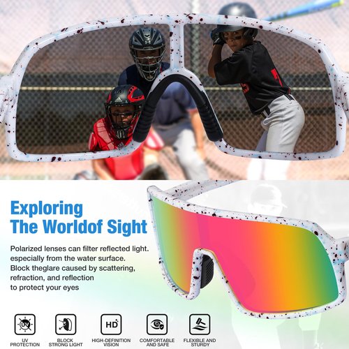 RIVBOS Youth Baseball Sunglasses for Kids(Boys&Girls) Polarized UV Protection Cycling Glasses WhiteBlack RabwDot-OrgnRabw lens RYS009