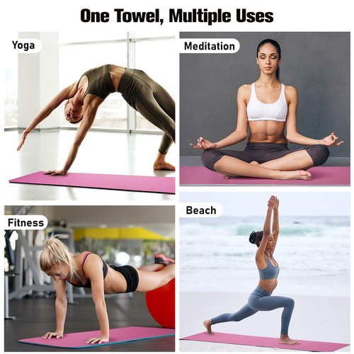 MoKo Hot Yoga Towel, Non-Slip Yoga Mat Towel with Grip Dots, 74.4"×27.3" Yoga Mat Cover for Pilates, Fitness, Meditation, Swimming Pool, Beach, Travel Yoga Mat with Corner Pockets, Magenta
