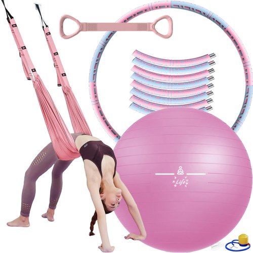 perlifefect Yoga Set 4 in 1 Yoga Equipment Set. Anti-Burst and Slip Resistant Yoga Ball. Leg Stretcher Strap for Pilates. Free Weight Hula Hoop for Workout. Figure 8 Fitness Resistance Band (Pink)