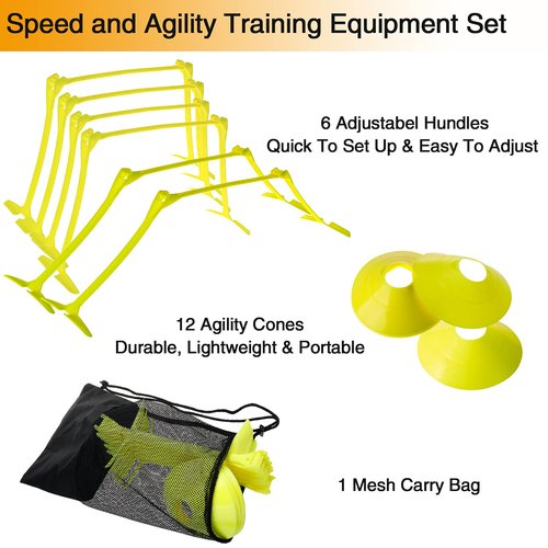 Yaegoo Pro 6 Pcs Adjustable Hurdles and 12 Pcs Speed Cones Set - Adjustable Height 6" 9" 12" for Soccer, Plyometric Speed Training, Carry Bag Included