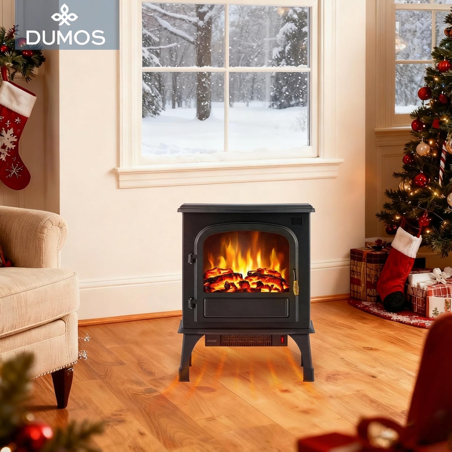 DUMOS Electric Fireplace Heater, 26” Freestanding Electric Fireplace Stove with 3D Flame Effect & Remote Control, Stylish Stove for Home with Safety Features, Adjustable Heat & 12H Timer, Charcoal