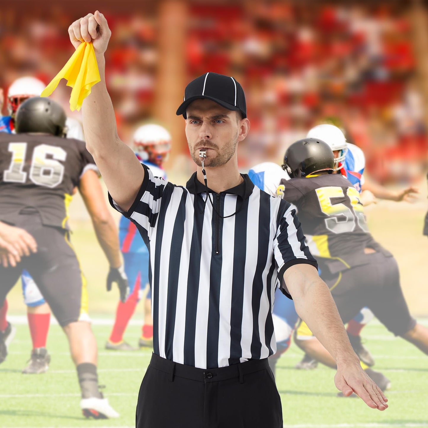 Referee Shirt for Men & Women, 4-Piece Ref Uniform Set with Zipper Collar, Whistle, Hat & Penally Flag for Football & Soccer (Large)