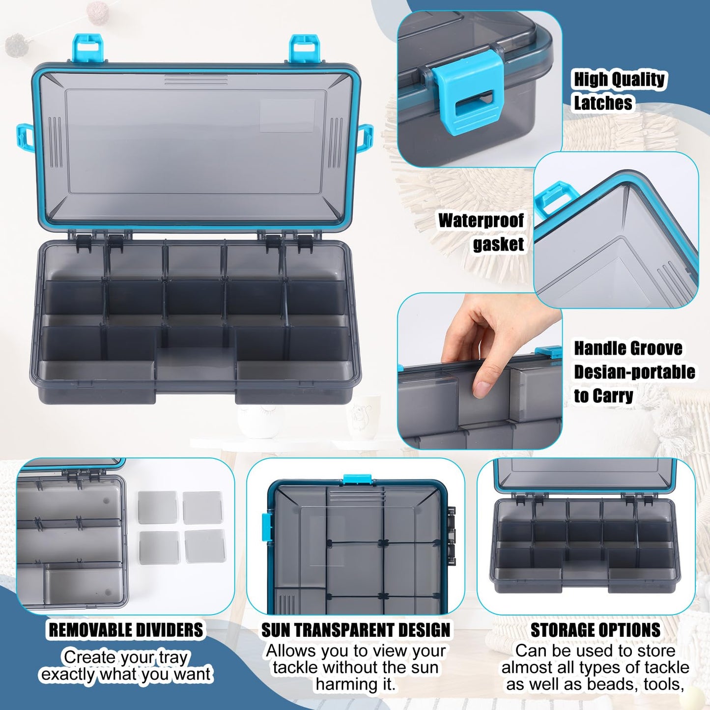 Wonderjune 6 Pack Fishing Tackle Boxes Waterproof 3600 and 3700 Tackle Trays with Removable Dividers Plastic Storage Organizer Bait Vault Camouflage Box for Freshwater Saltwater (Blue,3600)