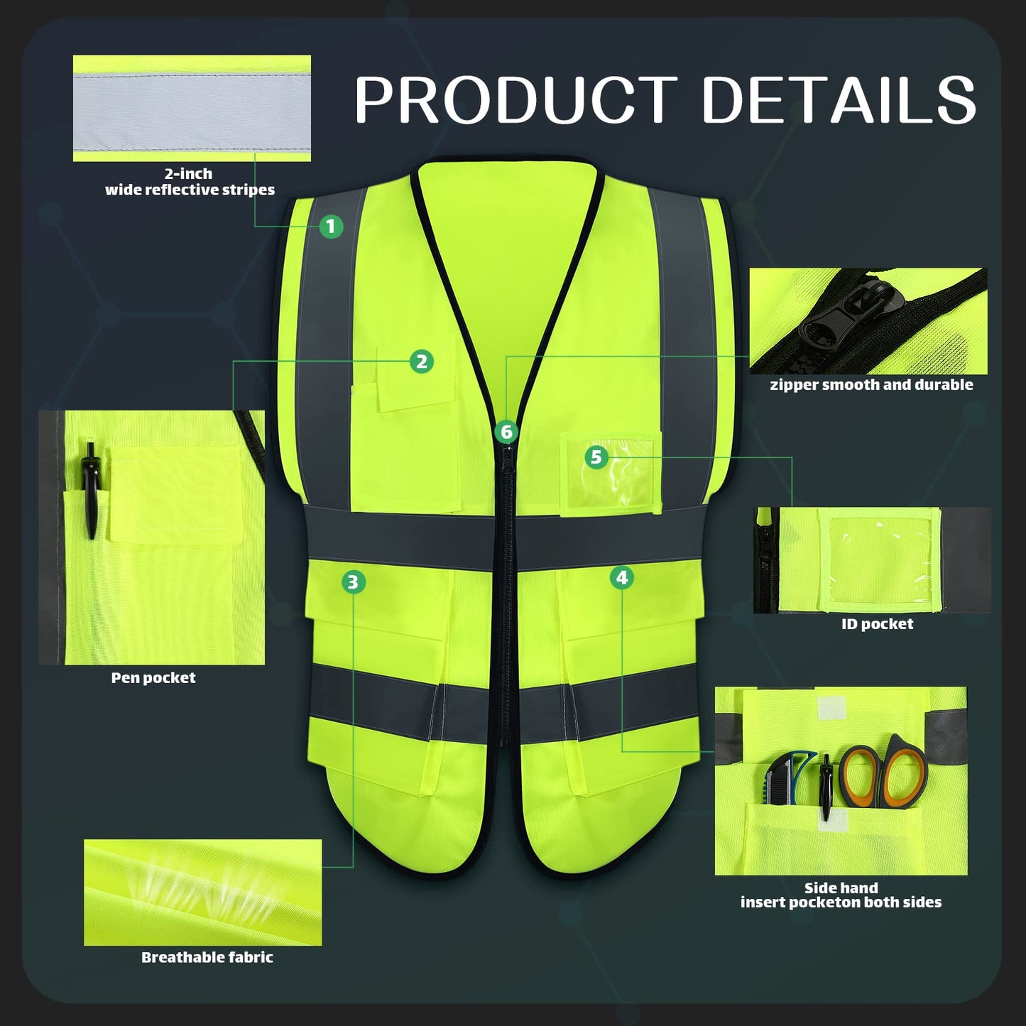 JaGely 15 Pack Reflective Safety Vests with Pockets and Zipper Construction Work High Visibility Vest for Men Women(Large,Fluorescent Green)