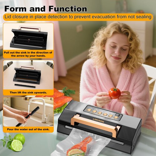 Powerful Suction Vacuum Sealer Machine,Commercial Fully Automatic Food Vacuum Sealer with Double Heat Seal,Dry & Moist Modes,Built-in Cutter,Bags Storage,Easy-Lock Handle,Include 2 Bag Rolls (Black)