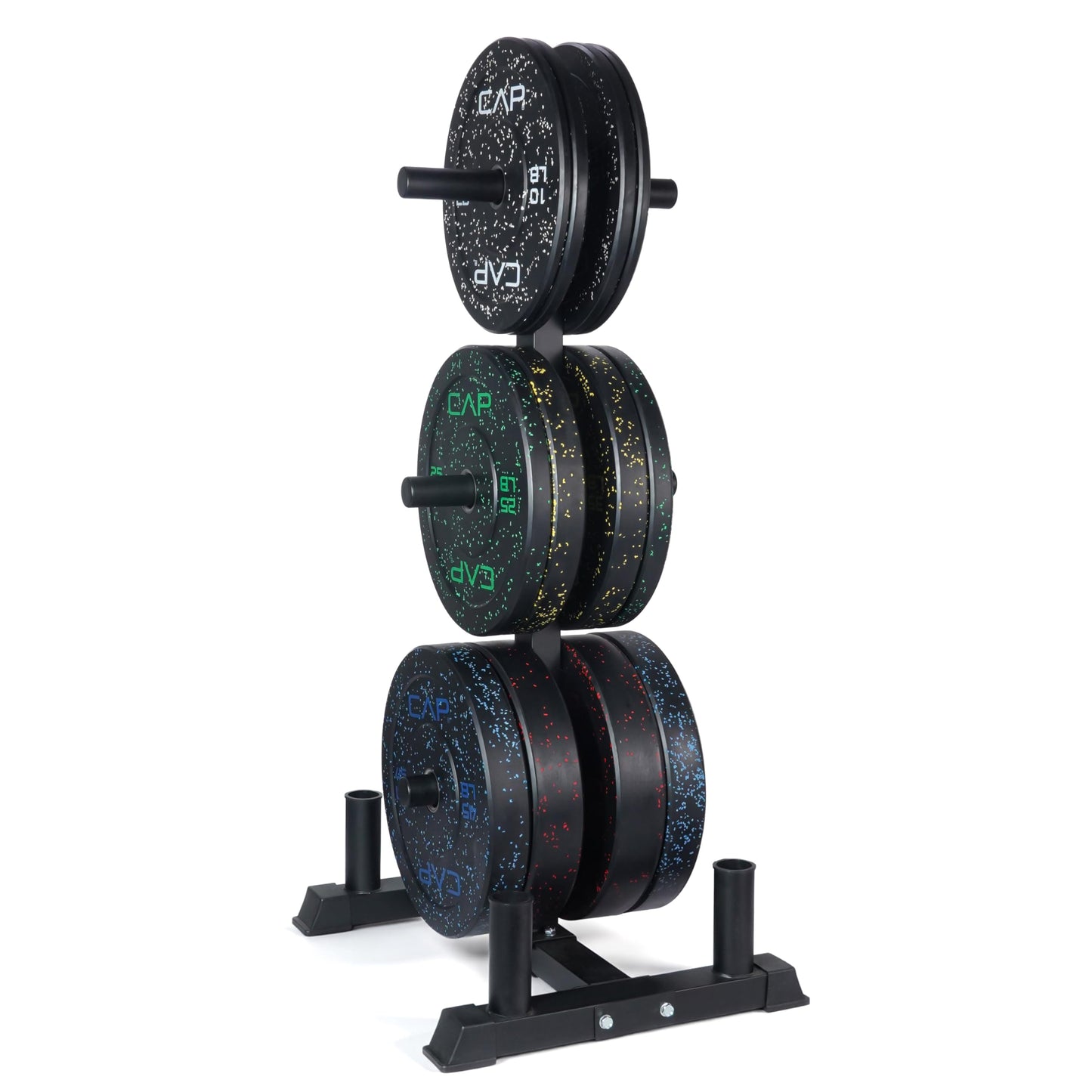 CAP 370 lb Economy Speckled Olympic Bumper Plate Set with Storage Rack, 2-Inch Olympic Plates, Medium Bounce Rubber Weight Plates with Steel Hub, 6 Weight Posts & 4 Barbell Holders for Weightlifting, Strength Training & Home Gym Workouts
