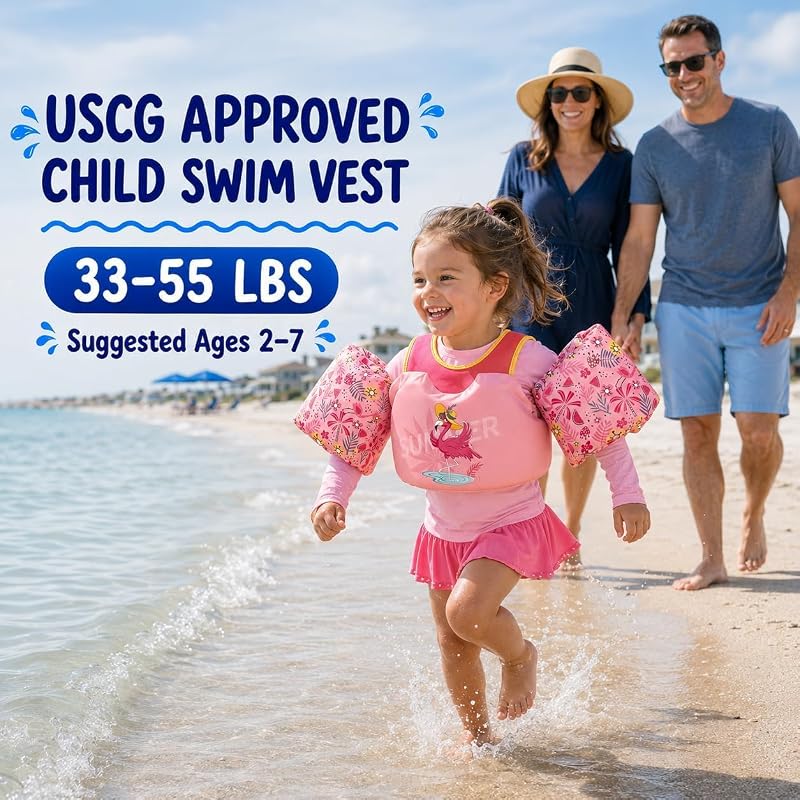 Dark Lightning Toddler Swim Vest with Arm Wings - 33-55 lbs, USCG Approved, Variation: Chill Flamingo
