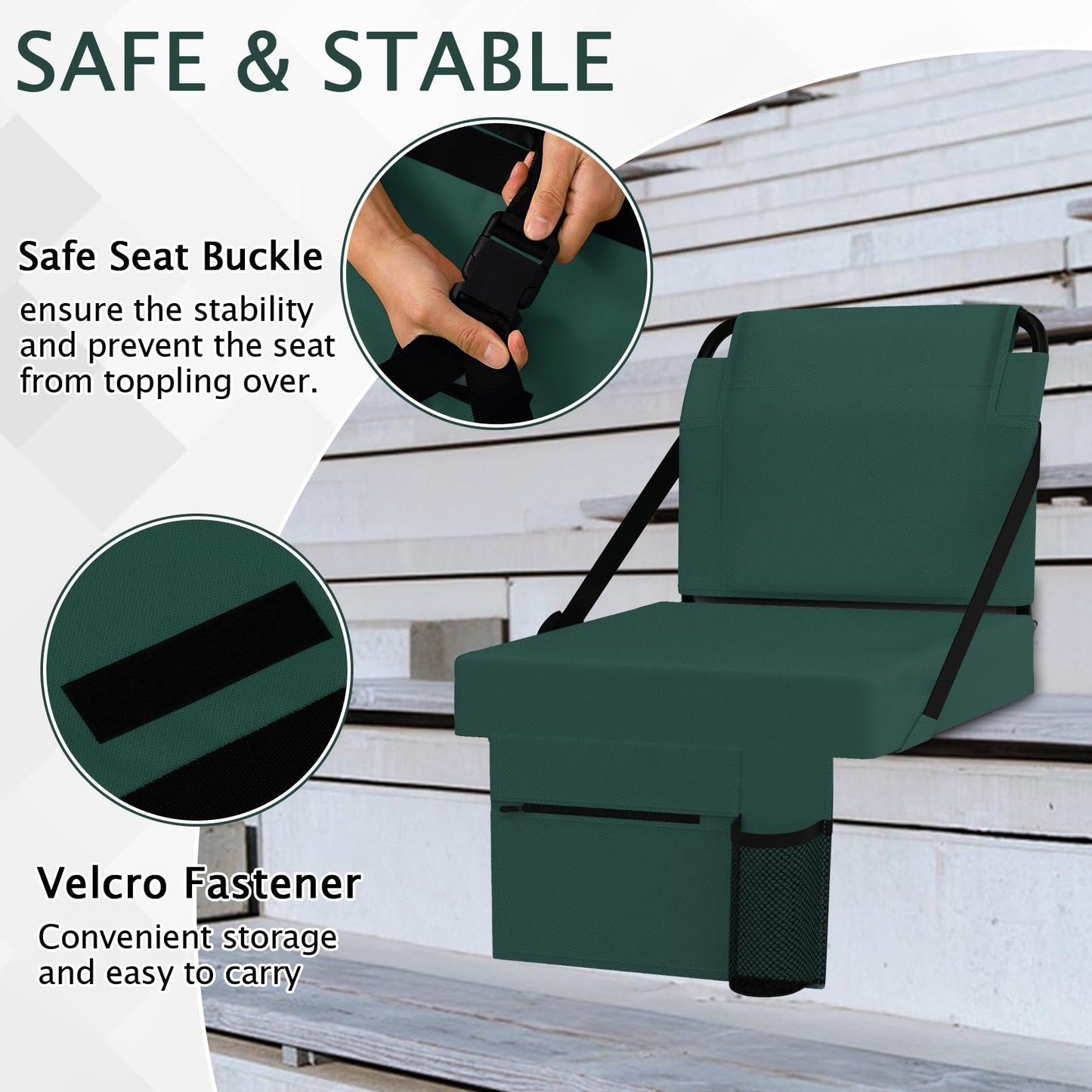 ACIPENSER 2pcs Stadium Seat for Bleachers with Back Support，Portable Bleacher Chairs with Back and Cushion，Includes Shoulder Strap and Cup Holder，Green