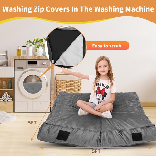WOUDY Crash Pads for Kids Sensory, Sensory Crash Pads for Autistic Children, Crash Pads Sensory Pads, Crash Pads, for Children and Adults,with Washable Cover (5 feet x 5 feet) Gray