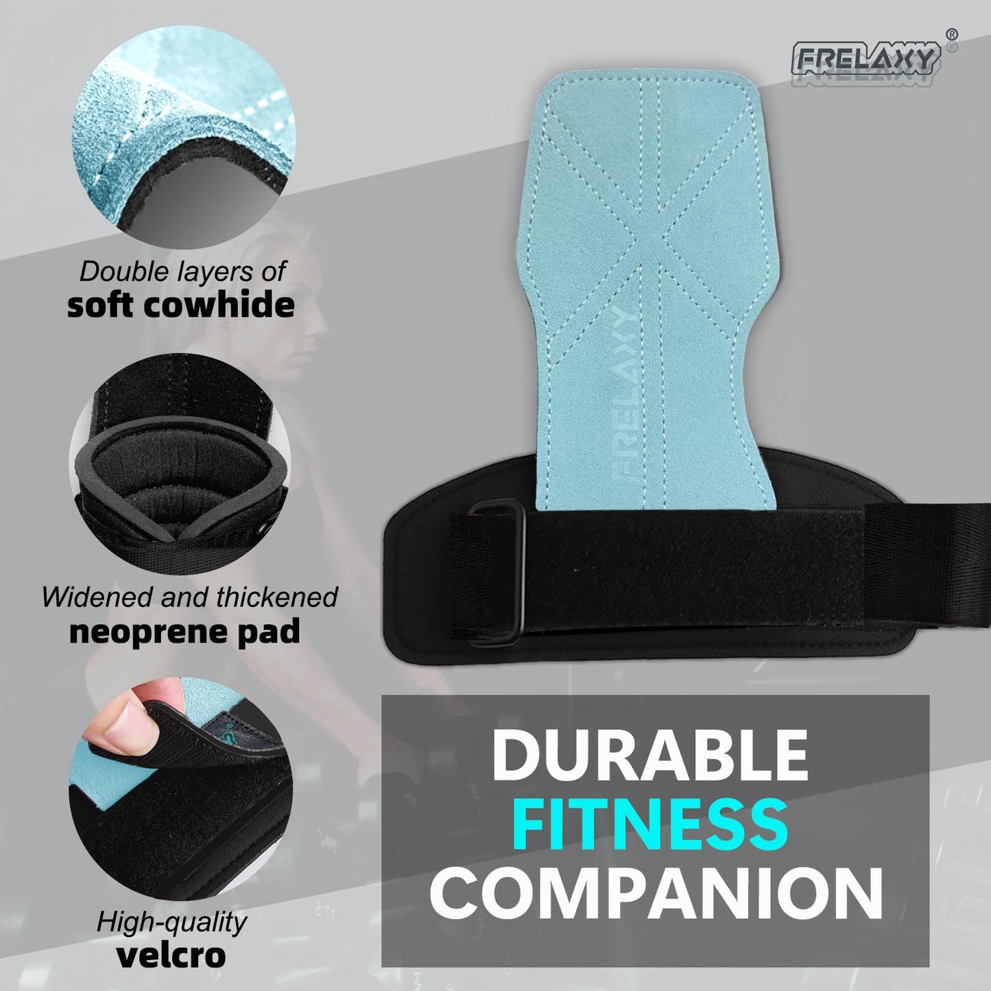 Frelaxy Lifting Wrist Straps Women and Men, Weight Lifting Grips with Cushion Wrist Loop, Double Layer Leather and Storage Pouch, Gym Workout Straps for Deadlift and Powerlifting (Lake Blue)
