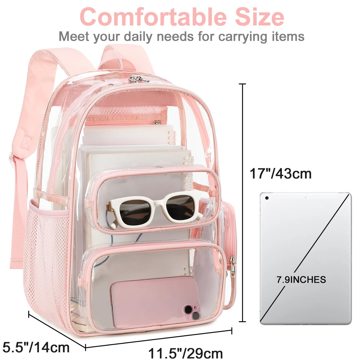 BTOOP Clear Backpack Heavy Duty Transparent Backpack 17" See Through Bookbag for College Work Festival Security Padded Strap (Pink)