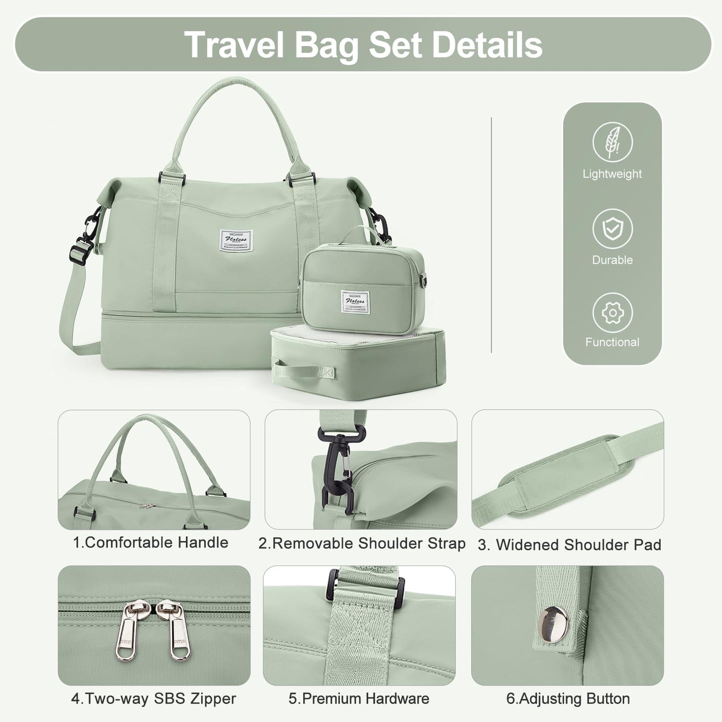 Travel Duffle Bag for Women,Weekender Overnight Bag with Shoe Compartment,Carry on Personal Item Travel Bag,3 Pcs Set,Light Green