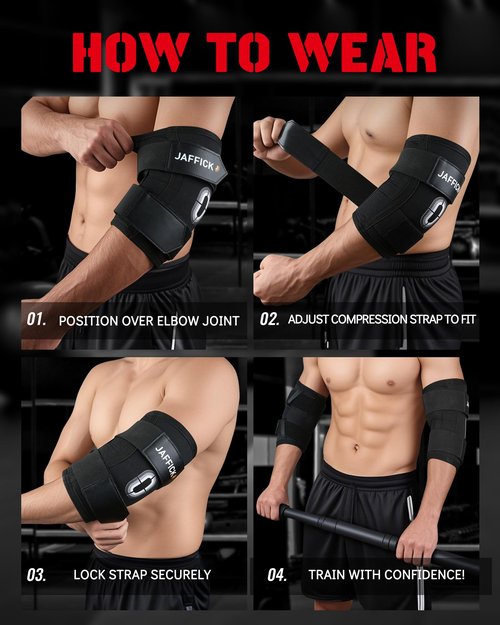 Jaffick Weightlifting Elbow Brace - Elbow Sleeve with Dual Adjustable Compression Straps for Bench Press, Powerlifting, Pressing, Men & Women (1 Pair) (Black, M)