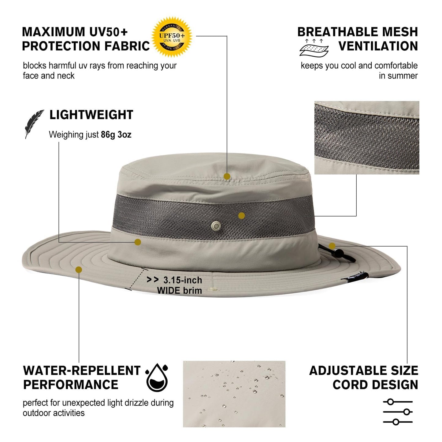 Summer Mesh Bucket Sun Hats for Men Big Head Wide Brim Boonie Safari Waterproof Beach UPF50+ Fishing Hiking Light Grey