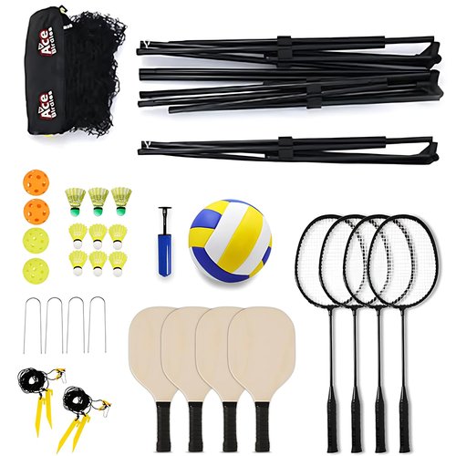 Ace Birdies Complete Badminton Sets (10FT/17FT) Adjustable Width, Adjustable Height (2.8/5.1/7.4FT), Badminton Pickleball Volleyball Set with Net, 4Racket+4Paddels+Volleyball for Outdoor Family Game.