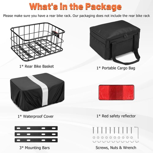 CDYWD Bike Basket Rear for Men Women, Large Bicycle Rack Basket for Adult Bikes with Removable Liner Bag & Waterproof Cover, Heavy Metal Back Cargo Basket for Ebike, Mountain Bike, City Bike, Cruiser