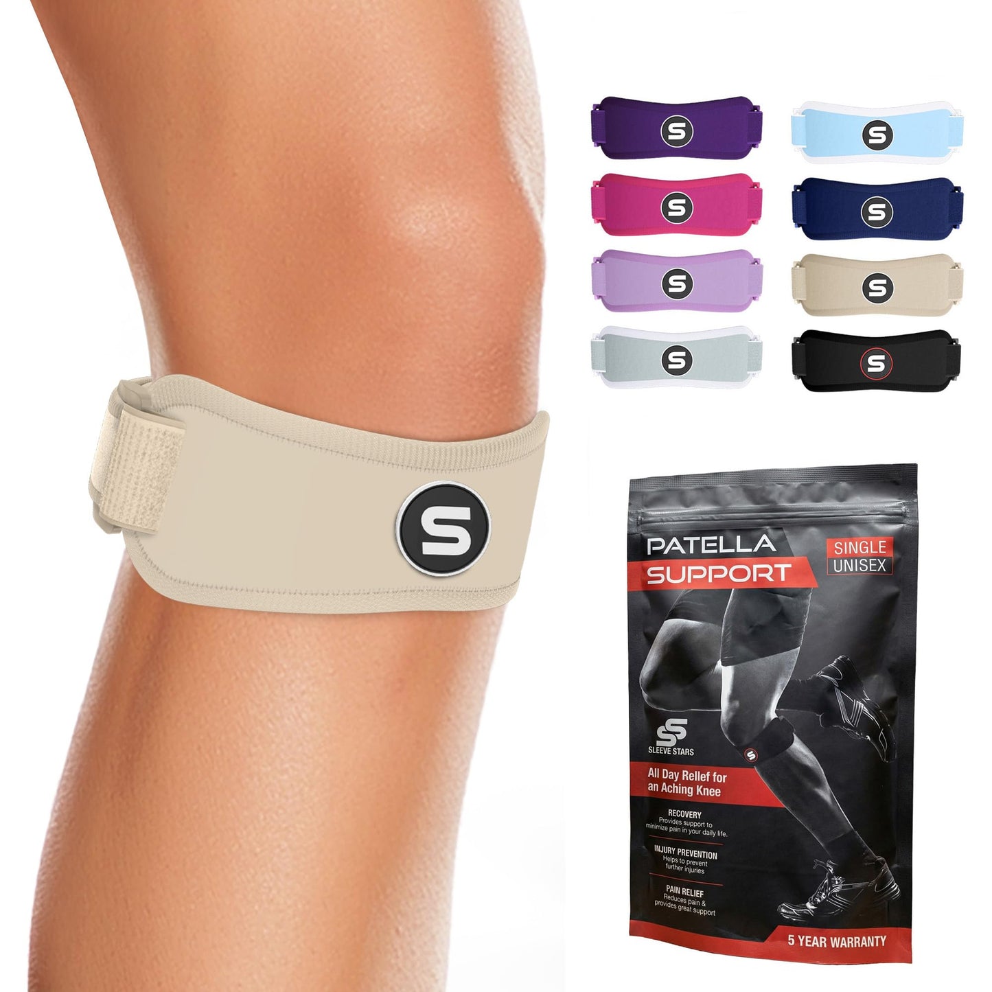 Sleeve Stars Swedish Brand Patellar Tendon Support Strap for Women & Men Effective Osgood Schlatter Knee Brace Youth & Kids Knee Brace with 3 Adjustable Length fits 12"-24" (Single/Beige/Adult)