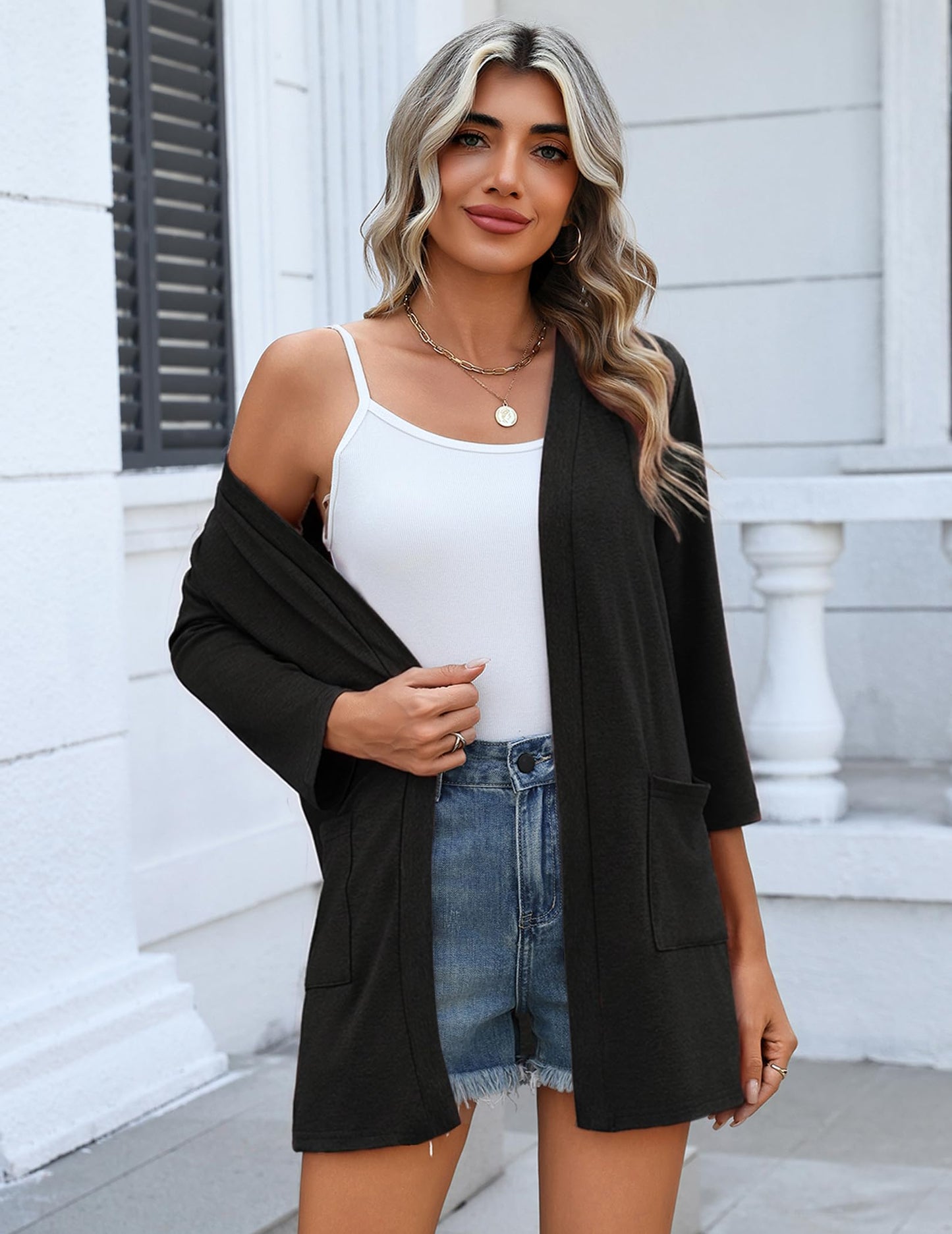 Zeagoo Women's Casual Lightweight Cardigan 3/4 Sleeve Open Front Loose Thin Cardigans with Pockets